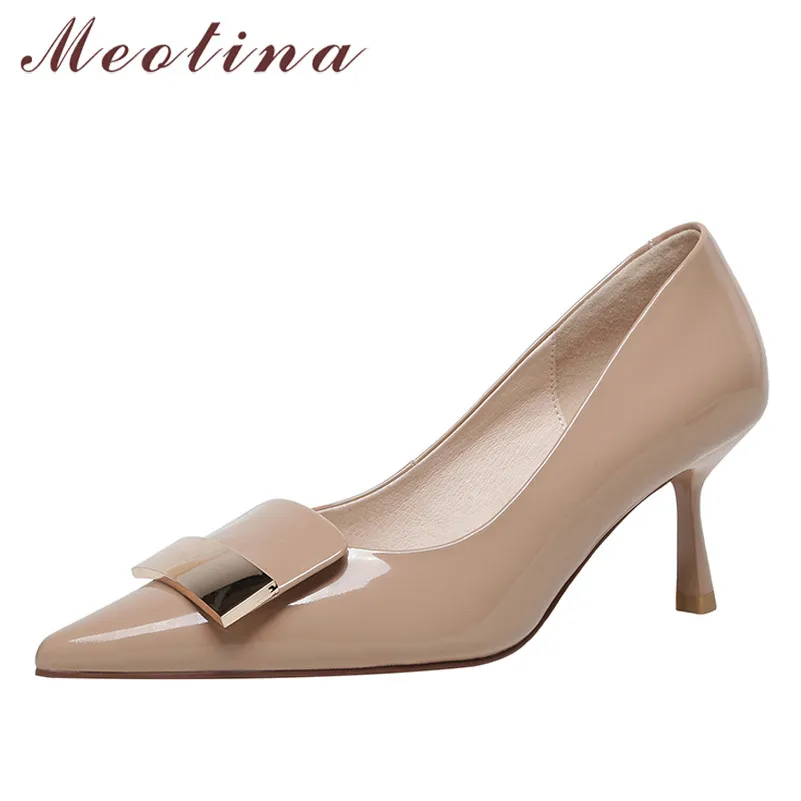 

Туфли Meotina женские на высоком каблуке, натуральная кожа, заостренный носок, туфли-лодочки, металлические украшения, офисная обувь, 39