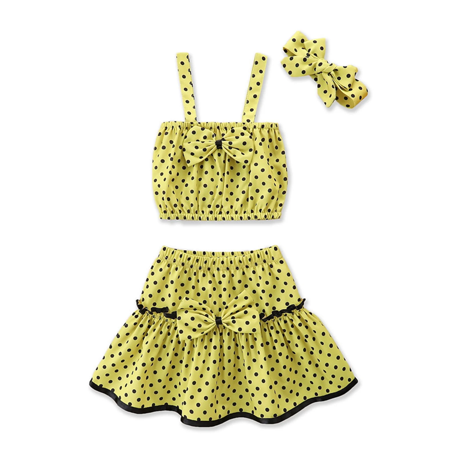 

Летние комплекты одежды для девочек в горошек с бантом без бретелек Топы трапециевидная юбка с повязкой на голову