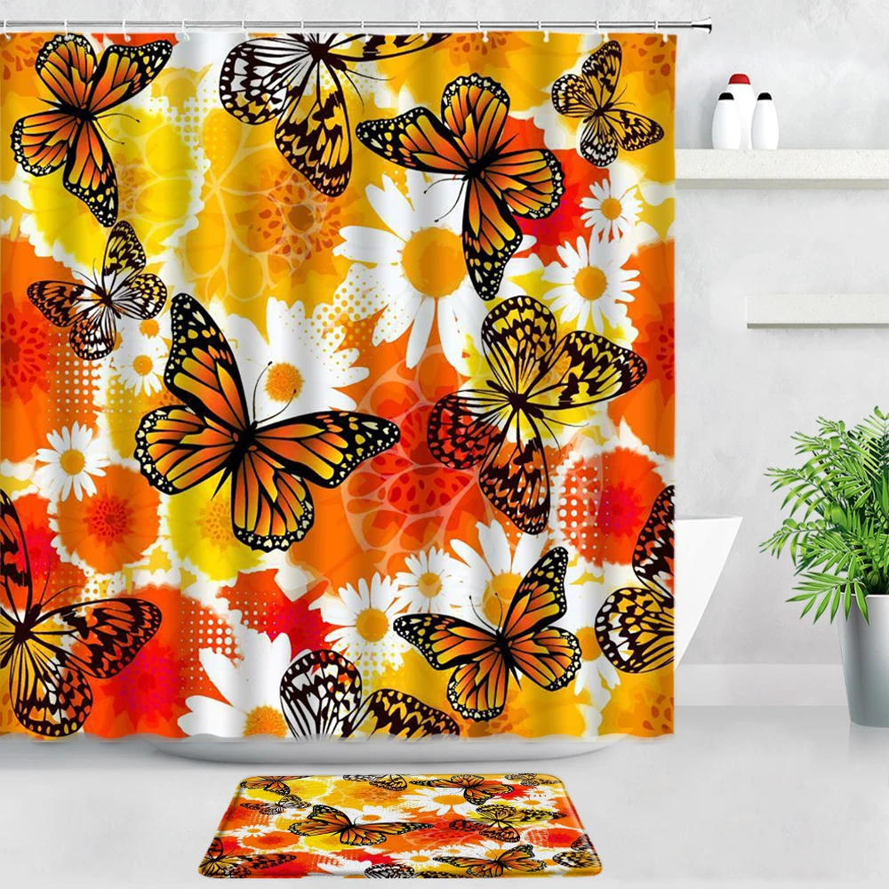 

Creative Butterfly Shower Curtains Bath Mats Set Simple Design Flowers Plant Home Decor Bathroom Carpet Door Pad WC Non-slip Rug