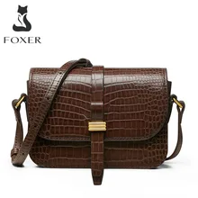 FOXER 2021 Womens Crossbody Bags Split Leather Shoulder Messenger Flap Bags Fashion Lady Small  Vintage Crocodile Pattern Purse