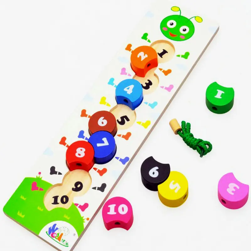 

Free Shipping Children Caterpillar Digital Block String Beads Game Baby Early Learning Aids Educational Block DIY Bead Wood Toys