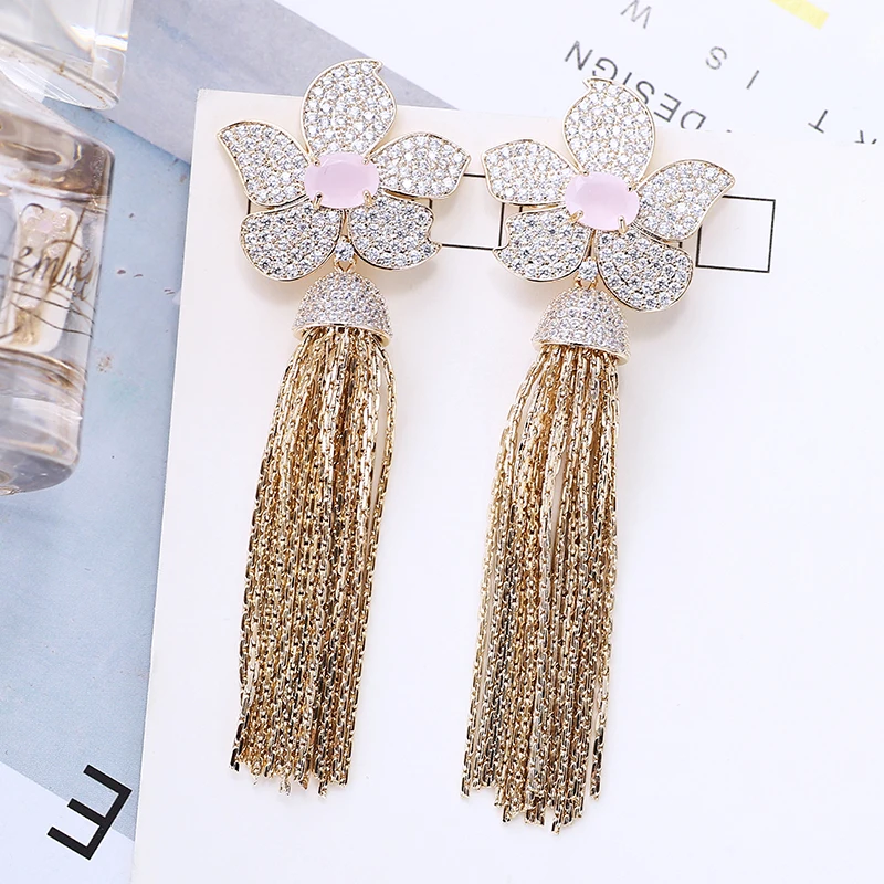 

Flower Drop Earrings Luxury Zirconia Paved Exaggeration Tassel Earrings Women Wedding Banquet Jewelry Elegant Style XIUMEIYIZU