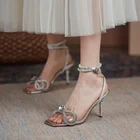 Женские сандалии-гладиаторы; Пикантные Серебристые сандалии на высоком каблуке с кристаллами; Летние модельные туфли; Туфли-лодочки с пряжкой
