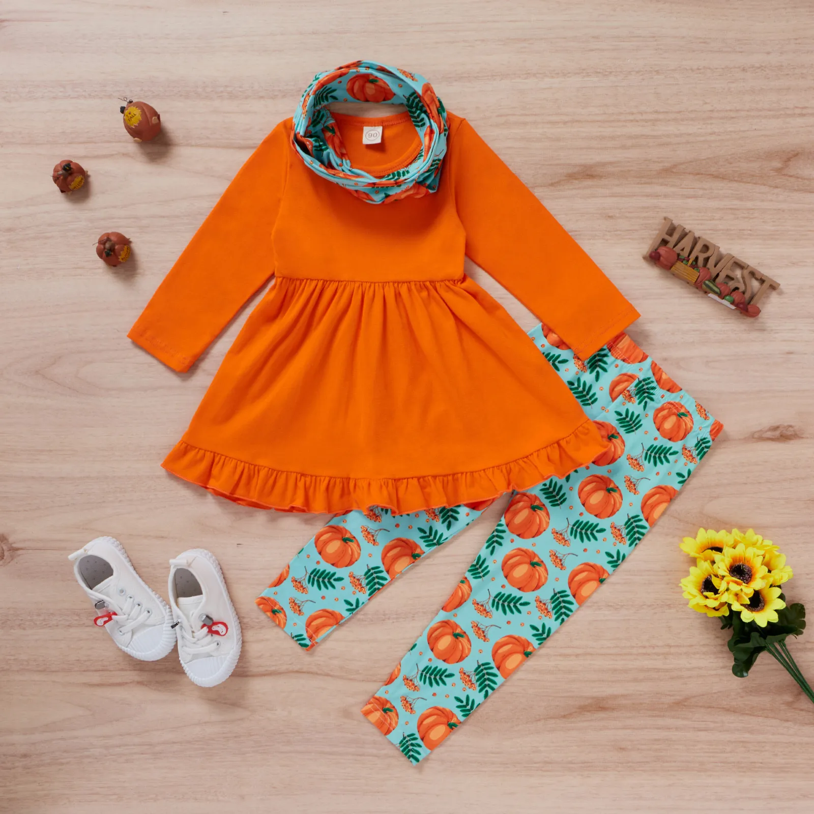 

TELOTUNY Clothing sets Toddler Baby Girls Long Sleeve Solid Tops Dress+Halloween Pumpkin Pants+Headband Autumn Baby Outfit 2021