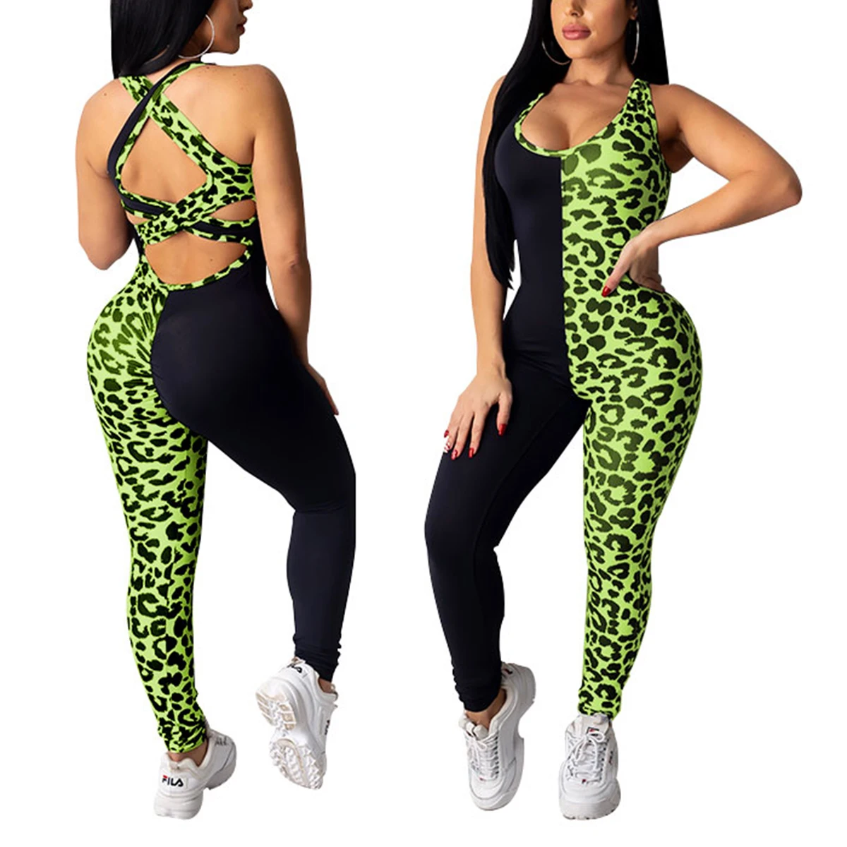 

Women Color Block Jumpsuit Fitness Sleeveless U-shaped Neck Leopard Print Romper Cross Back Sports Clothes Playsuits