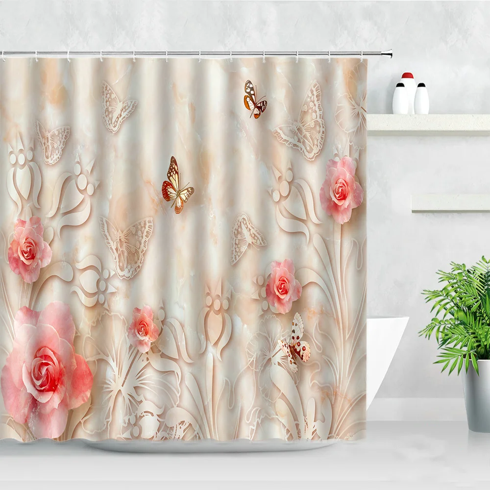 european style relief painting shower curtains flower butterfly pattern modern fashion decor bathtub screen bathroom curtain set free global shipping