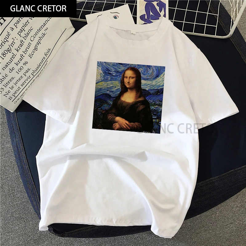 

Harajuku aesthetic ulzzang t shirt korean clothes Mona Lisa Painting Women T-shirts artistic oil painting Tee