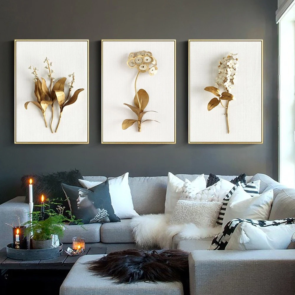 

Unique Painting Golden Plants Flower Leaf Poster Wall Art Canvas 30*40cm