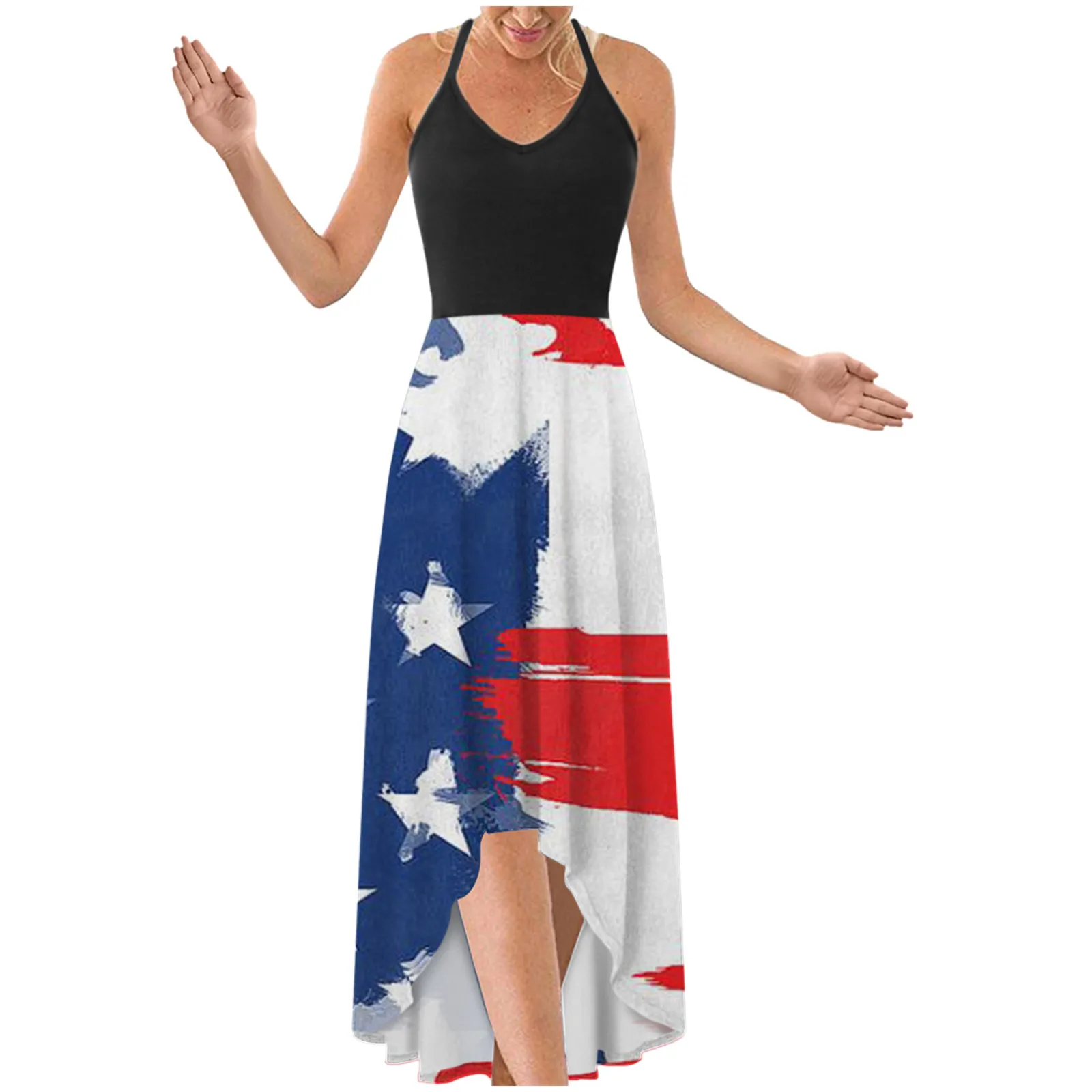 

2021 Summer Women's Dress Fashion Casual V-Neck Sleeveless Strap Party Sundress Independence Day Open Back Sexy Print Dresses
