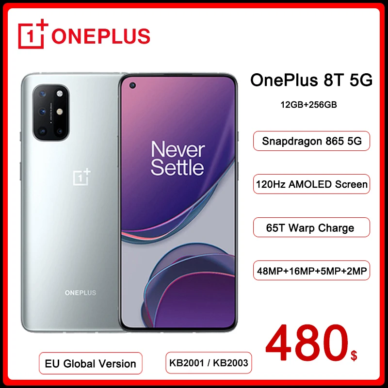 Смартфон глобальная версия OnePlus 8T Snapdragon 865 12 + 256 ГБ 120 Гц 48 МП четыре камеры 65 Вт |