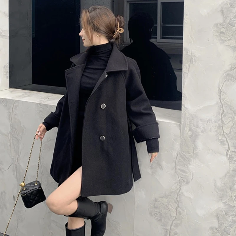 

Lucyever Wool Women Coat Warm Thick Winter Black Long Sleeve Korean Tunic Belt Jacket Casual Double Breasted Long Sleeve Clothes