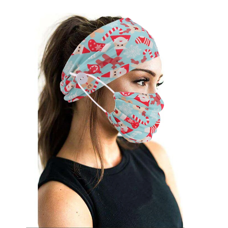 

2Pcs/set christmas button headband mask turban hair accessories soft yoga sports elastic hair band fashion with mask unisex