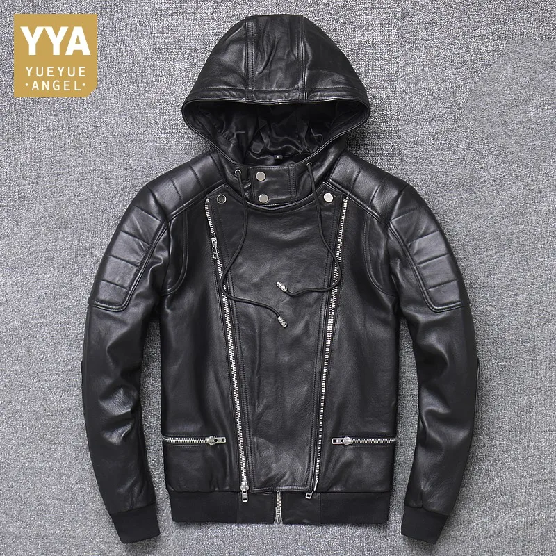 

Осенняя мужская куртка-бомбер из овечьей кожи на молнии, модная байкерская куртка из натуральной кожи, короткое тонкое пальто, искусственна...