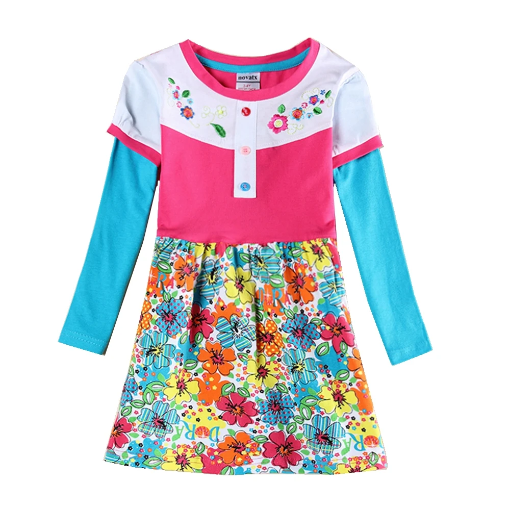 Платье с длинными рукавами для маленьких девочек из 100% хлопка вышивкой цветочным