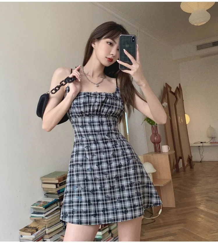 

Real shot 2021 new casual retro butterfly lattice slim sling A-line sling dress