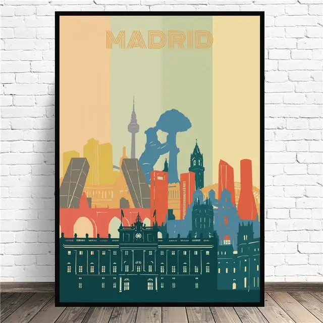 

Madrid City Poster Retro Cityscape Canvas Painting Art Print Picture Cartoon Wall Art Minimalist Bedroom Living Room Decoration