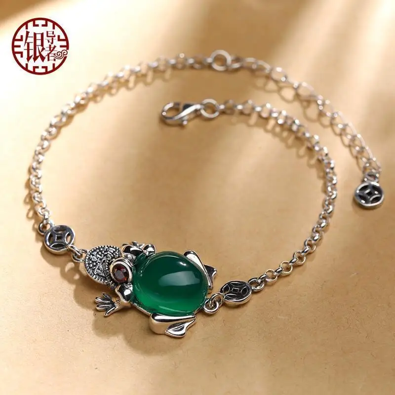 

Yindaozhe S925 Silver Retro Style Marcasite Chalcedony Fortune Golden Toad Women's Silver Bracelet Net Agate Chalcedony