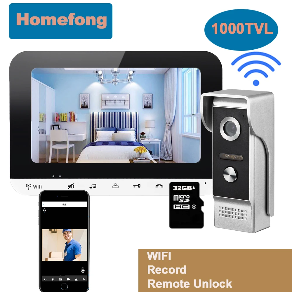 

Домашний домофон Homefong, 7-дюймовый беспроводной видеодомофон с камерой, запись на SD-карту, ночное видение