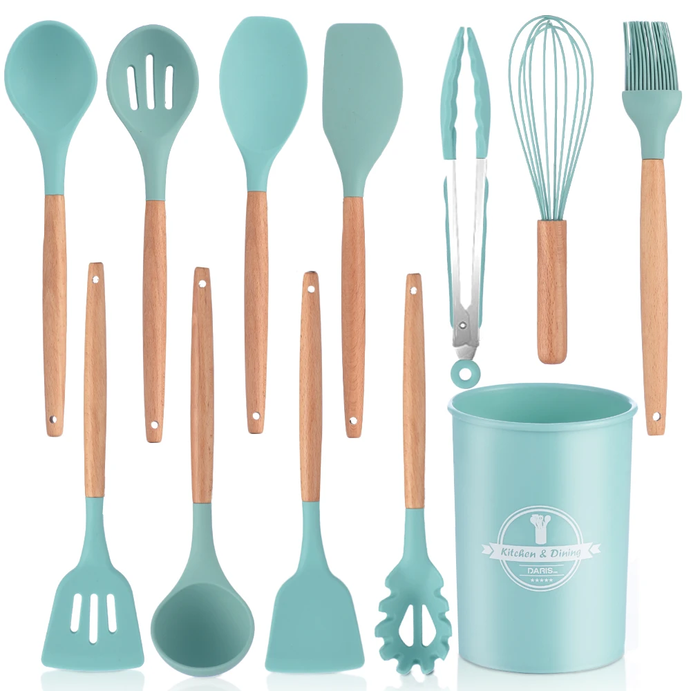 11PCS Silicone Kitchen Cooking Utensil Set with Storage Box for Countertop Wooden Cook Gadgets Utensils Sets | Дом и сад
