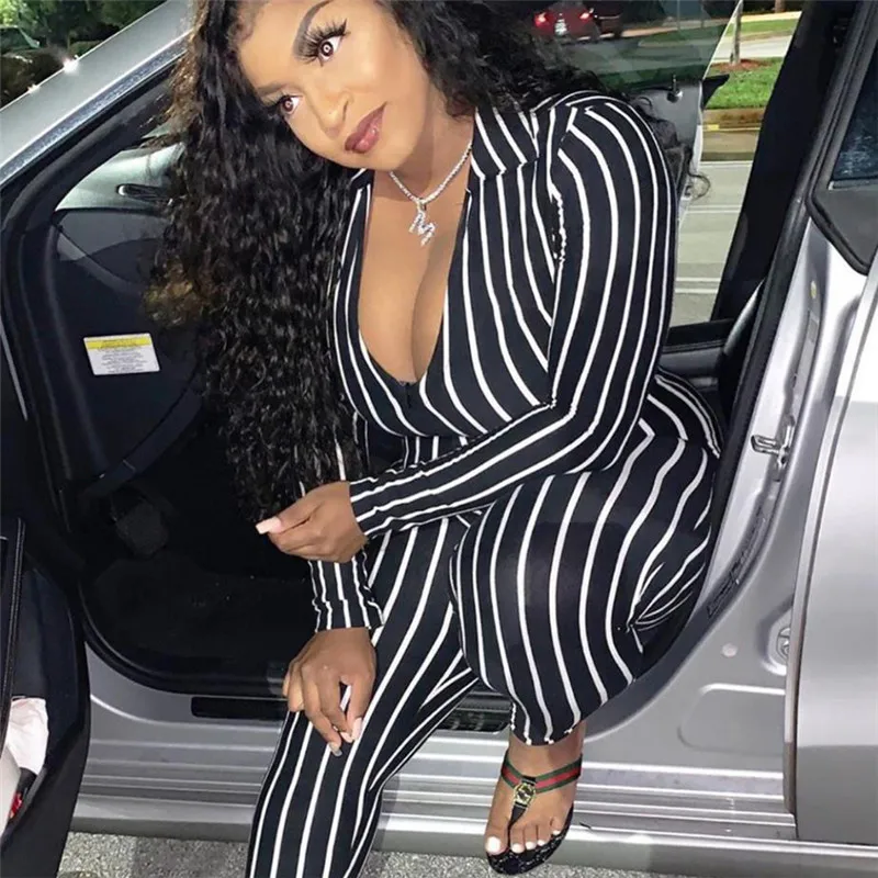 ANJAMANOR Orange Neon Striped Print Zip Long Sleeve Bodycon Jumpsuit Women One Piece Pants Sexy Club Outfits Fall 2019 D87-AD25 | Женская