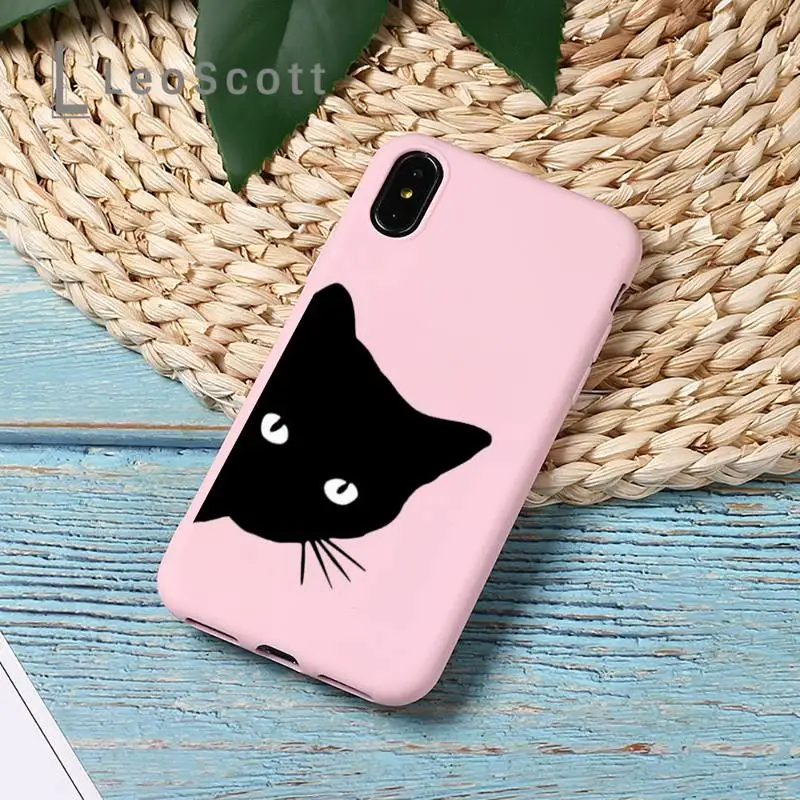 

black cat cute cartoon Phone Case Candy Color for iPhone 11 12 mini pro XS MAX 8 7 6 6S Plus X 5S SE 2020 XR