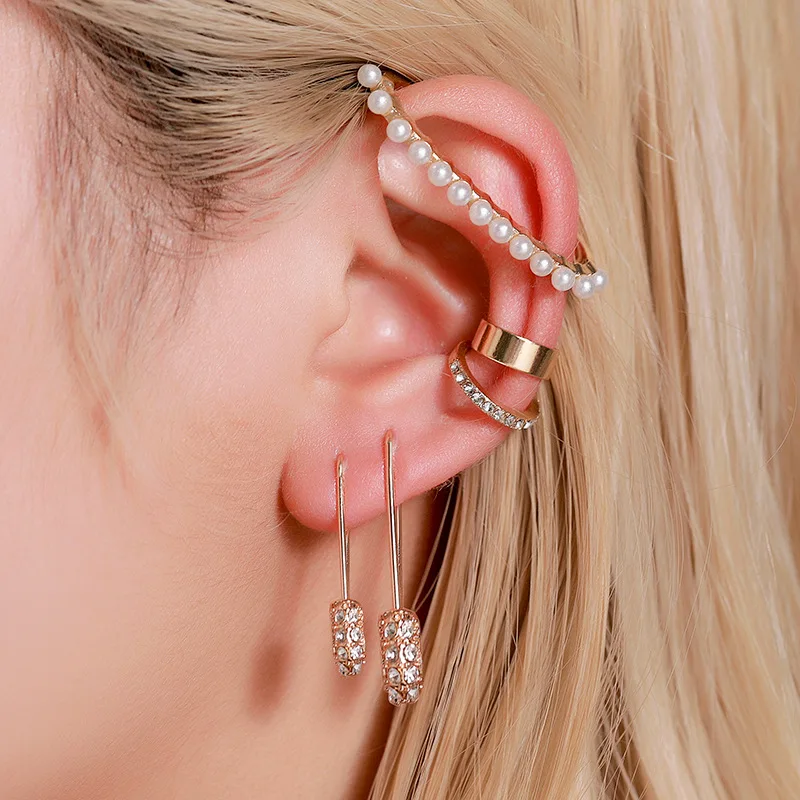 

5PC/SET Fashion Gold C Shape Pearls Earcuffs Safety Pin Punk Clip Earrings No Piercing Jewelry for Women Girls Cartilage Earring