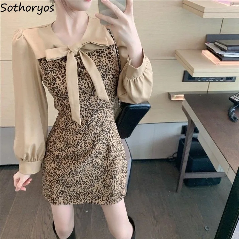 

Women Harajuku Dresses Bow Leopard Mini Sexy Slender Club-wear Teenagers Long Sleeve Hipster Buttocks New-arrival Females Chic