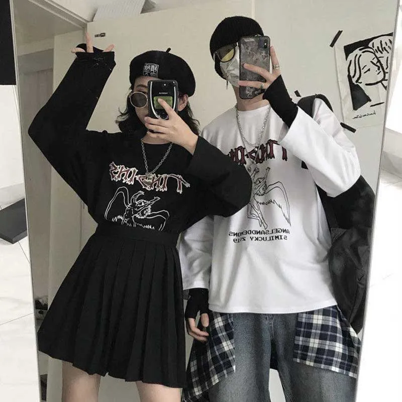 NiceMix весна корейский осень ulzzang Харадзюку улица хип-хоп Темный Ретро Ангел печать футболка ins модная свободная повседневная женская