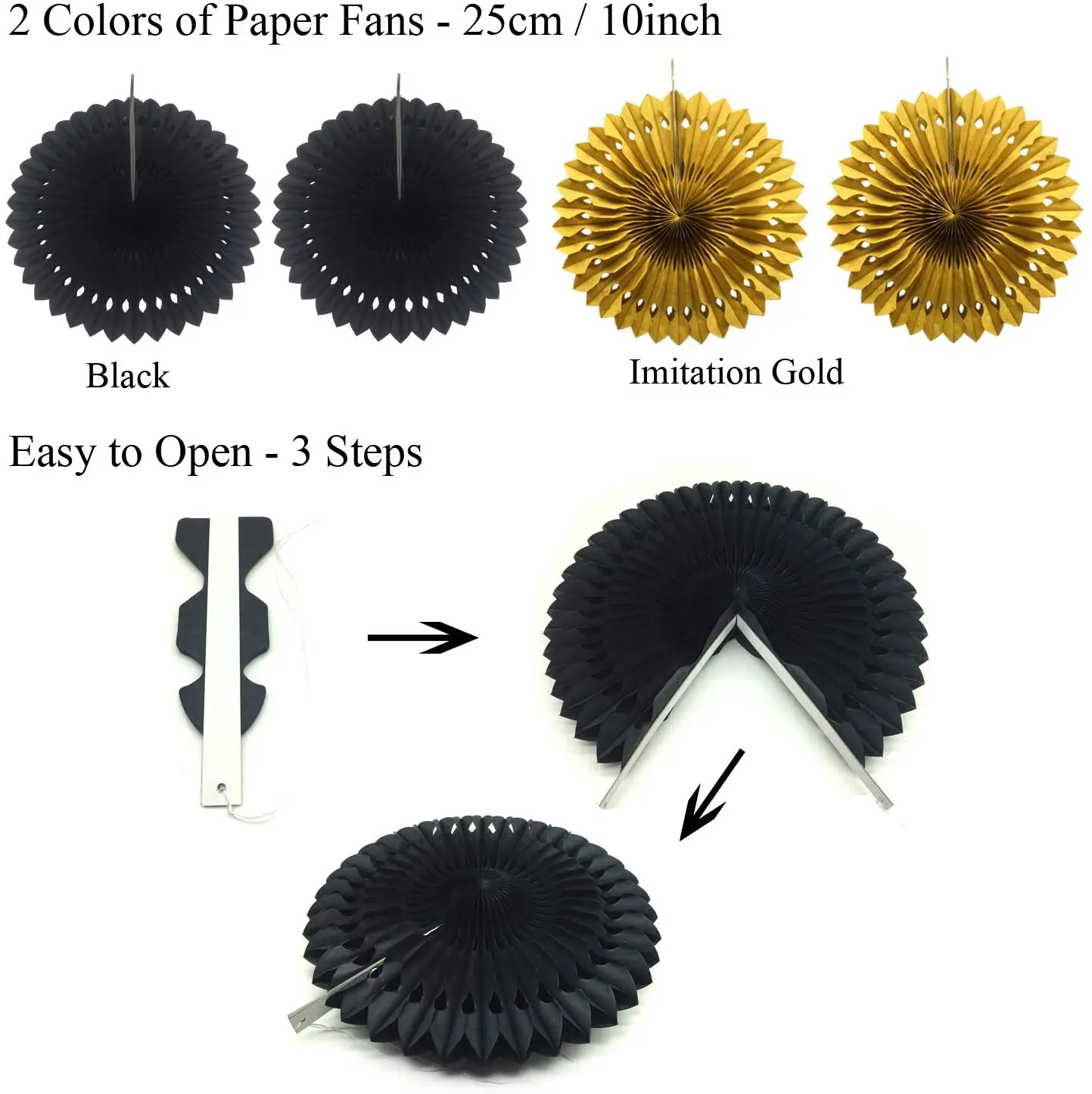 

metable 21 Pcs Black and Gold Hanging Paper Fans Garlands String Polka Dot and Triangle Bunting Flags for Birthday Party Decor