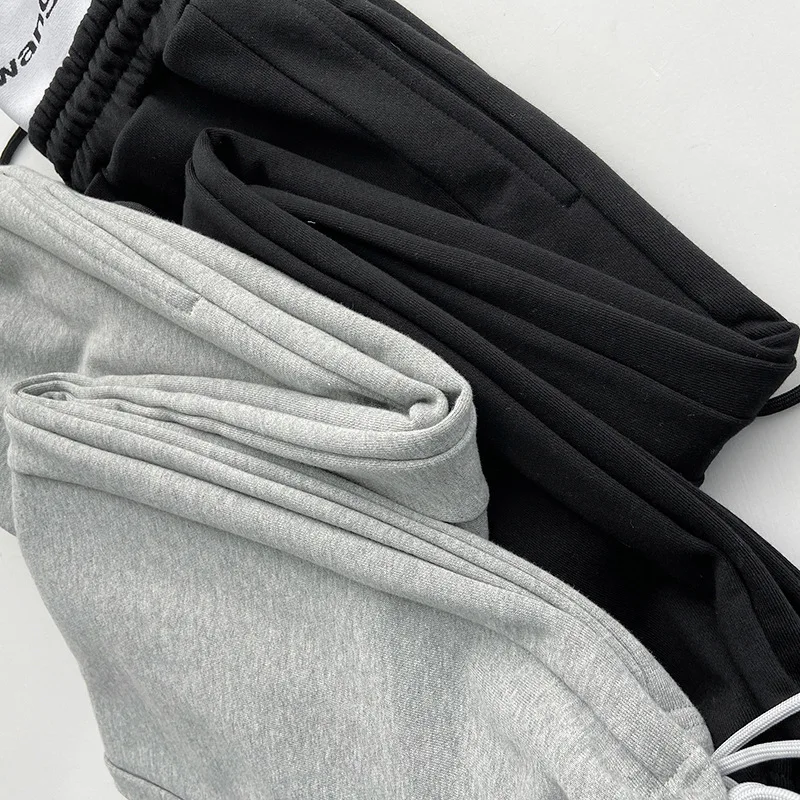 AAW160 Solid Grey Black Women Sport Pants Design Splicing Waist Letter Logo High Waist Casual Loose Lace Up Leg Pants A2