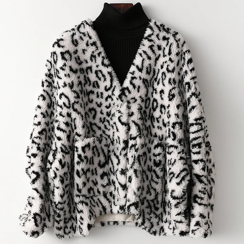 Fashion Sheep Coat Winter Leopard Print Pockets Loose Jacket Fall Thick Warm Outwear Plush V-Neck Plus Size Wool Fur Short Coat