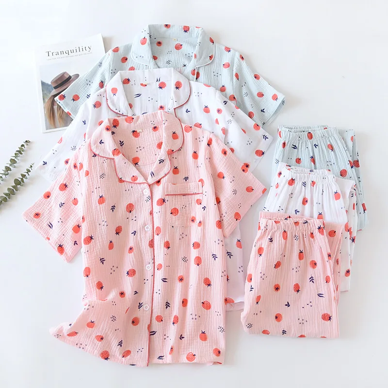 

Summer short sleeve trousers pajamas suit women's Korean style lovely fruit cotton printed Lapel home clothes sweat absorption