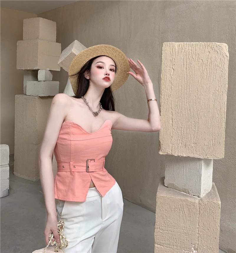 

Fashion sexy blouse women 2021 summer new Japanese sweet ins design sense waist elastic thin wrapped chest top