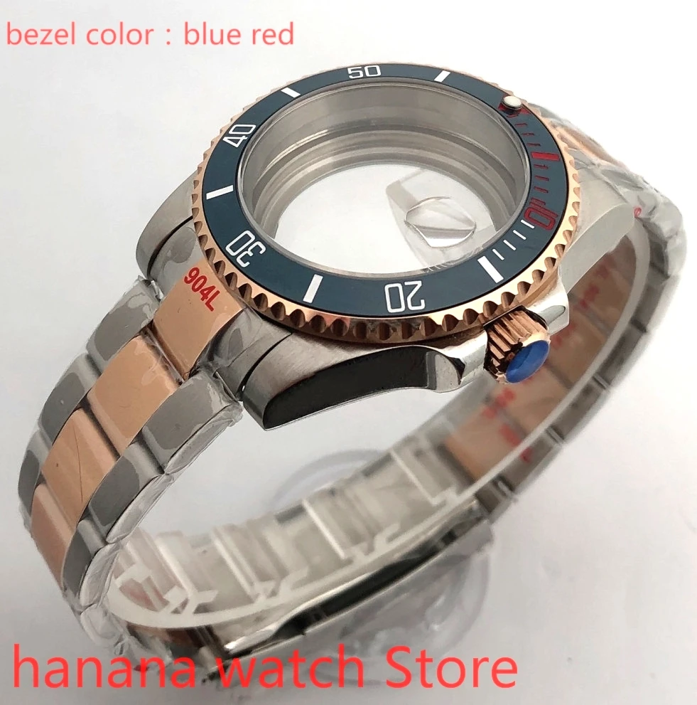 

bliger Transparent cover 904L stainless steel rose gold strap bracelet with 40mm sapphire glass ETA NH36 MH35 case, blue red
