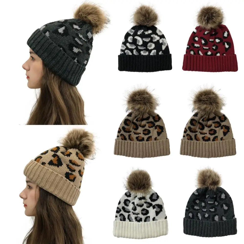 

2020 new leopard print curling wool ball knitted hat women's outdoor sports warm wool hat