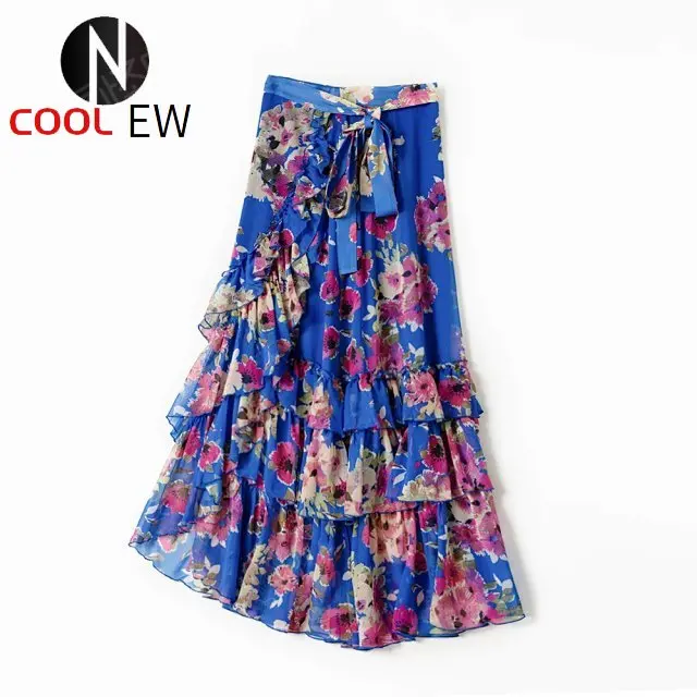 

Stylish Viscose Women Floral Printed Ruffled Detail Wrap Style Long Skirt With Lining & Waist Ties