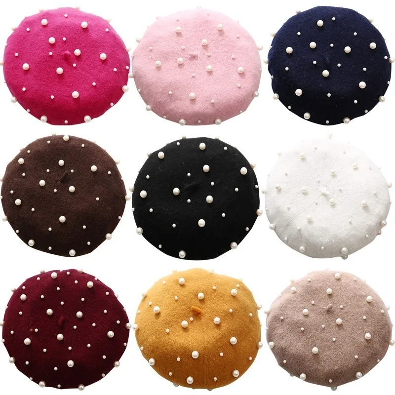

French Beret Hat Women Girls Princess Pearl Ornament Woolen Berets Plain Beanie Autumn Warm Winter Wool Hat Street Hats Caps