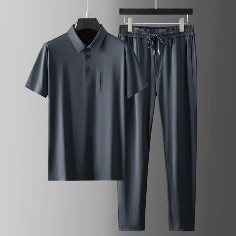 

Minglu Summer Thin Mens Sets (t-shirt+pants) Luxury Short Sleeve Sport Casual Soft Male Sets Fashion Slim Fit Silky Man Sets 3XL