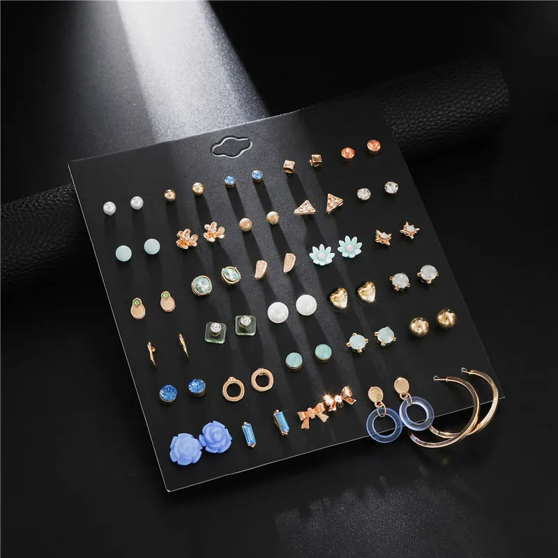 

Fashion 30Pair/Set Women Statement Crystal Stud Earrings Sets for Women Piercing Pearl Bow Heart Leaf Star Flower Earrings
