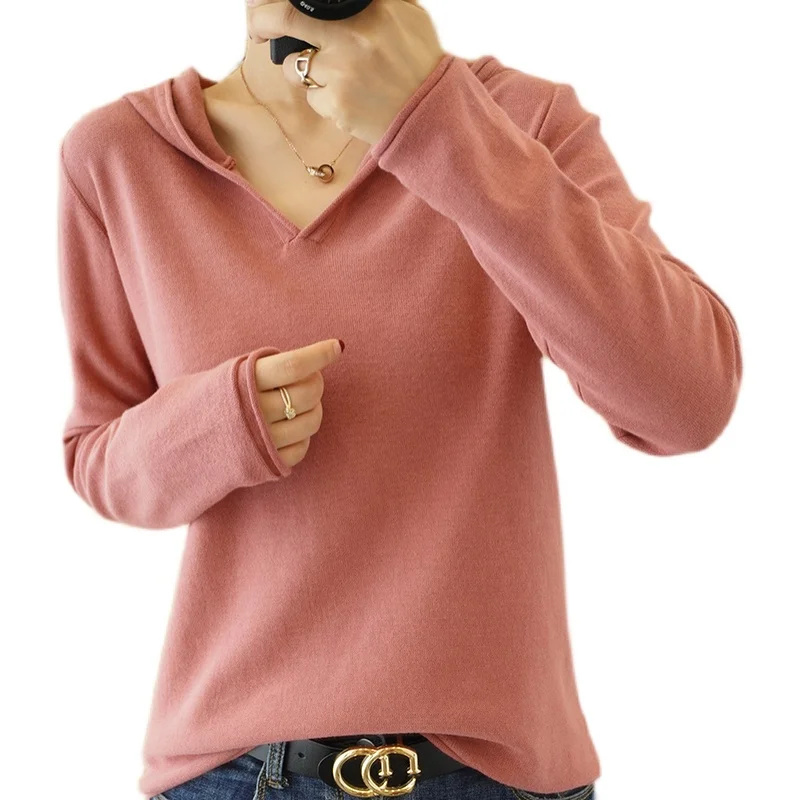 

WOTEEWS 100% cotton hooded sweater women's long-sleeved knitted pullover loose casual jacket solid color top Spring and Autumn