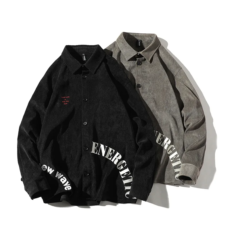 

Techwear Plus Size Corduroy Japan Style Casual Letter Print Blouses Shirts Men Autumn Long Sleeve Buttons Male Cardigan Clothing
