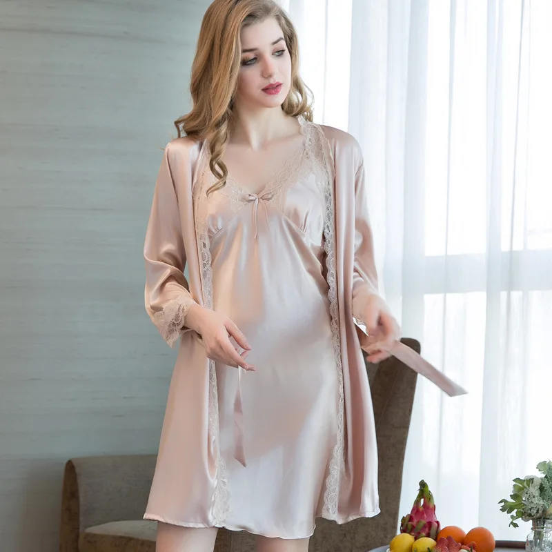 2019 ice silk strap nightdress robe sexy lace pajamas ladies two-piece suit casual long-sleeved | Женская одежда