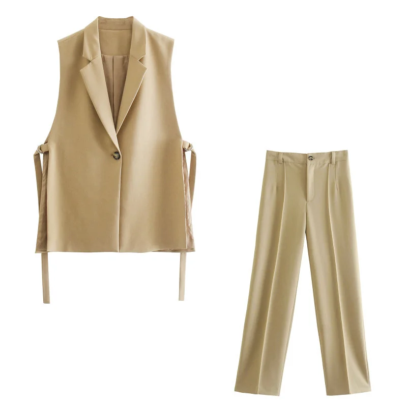 

Женский элегантный костюм верблюжьего цвета из блейзера и жилета, осень 2021, модные женские костюмы с прямыми брюками и высокой талией, женск...
