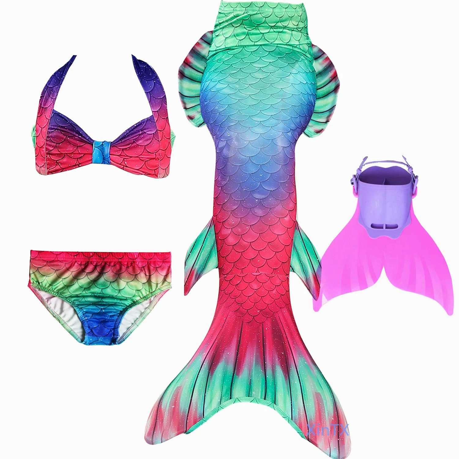 4pcs as picture show 6 шт./компл. новые джинсовые штаны для девочек с хвостом русалки с ребром Плавание костюм комплект бикини, купальный костюм ванный комплект, платье для девочек с рисунком в виде Флиппер Моноласты для Плавание - Цвет: 4pcs as picture show
