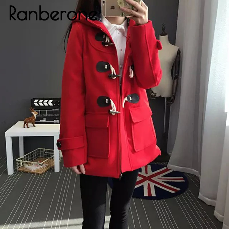 Ranberone Дафлкот длинный отложной пуговица из рога капюшон воротник шерстяное