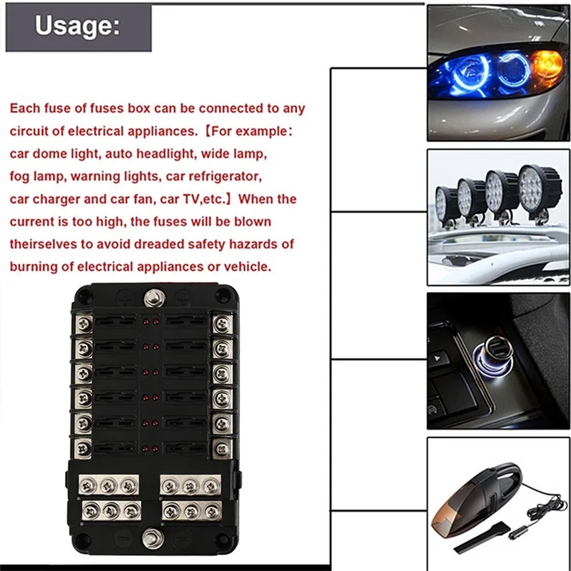 

DC 12V-32V 12 Way 24 Fuses Box Circuit Standard Blade Block Holder Car Boat Fuse Auto Replacement Parts