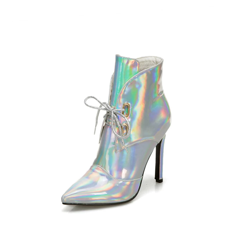 

ANNYMOLI Pointed Toe Ankle Boots Woman Boots Super High Heel Short Boots Lace Up Thin Heel Ladies Shoes Autumn Winter Silver 46
