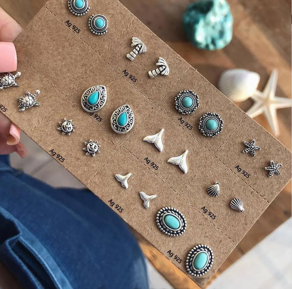

New Fashion Jewelry European Style Hollow Carved Turquoise Starfish Sea Turtle Fish Tail 11 Piece Combination Set Earring Female
