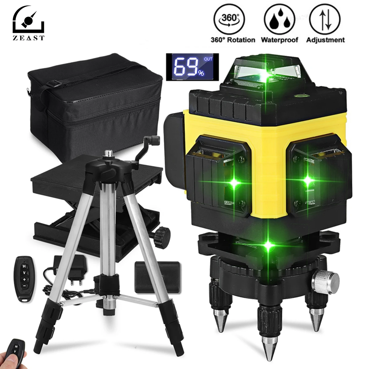 

Нивелир лазерный, 12/16 линий, 4D, 360 зеленый, со штативом 100 см