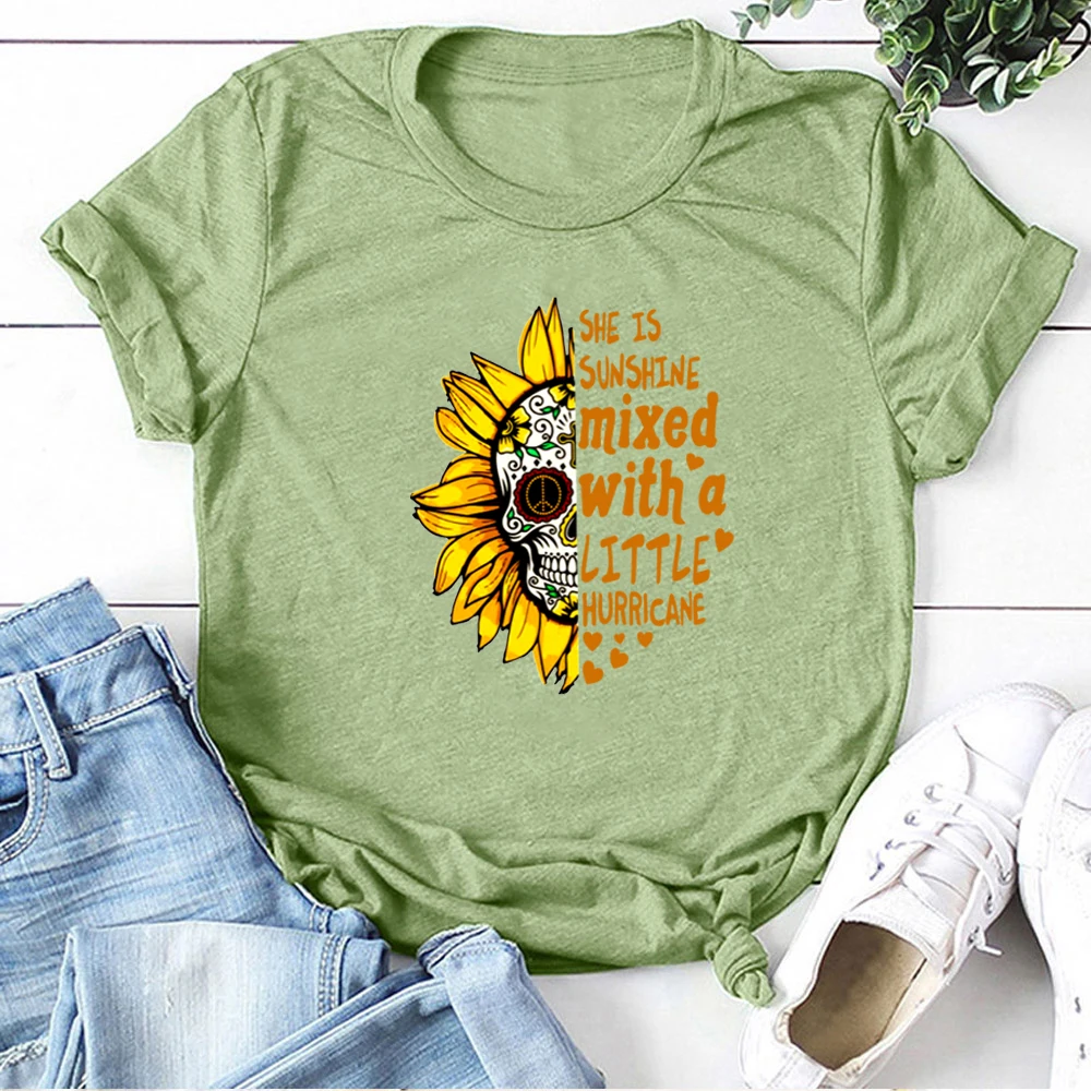 Подсолнечное черепа она солнце печатных футболки женские летние эстетику Топы